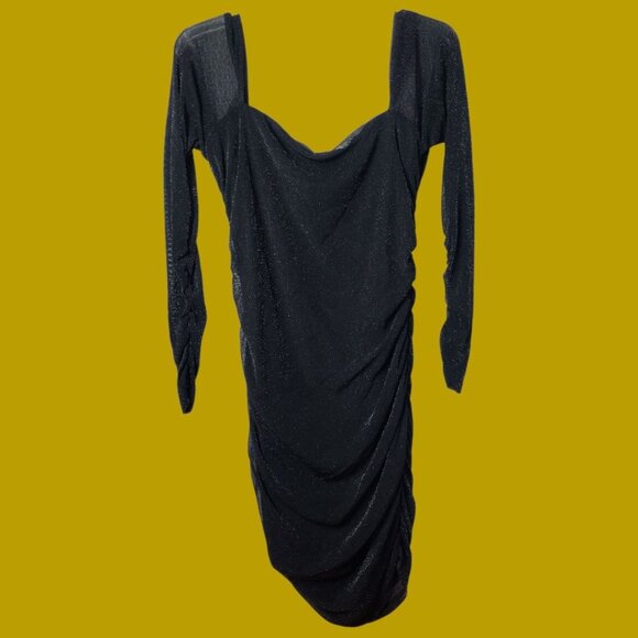 Moeencn Off-Shoulder Mesh Dress sparkly Square Collar Long Sleeve Ruched Xlarge - Picture 3 of 14